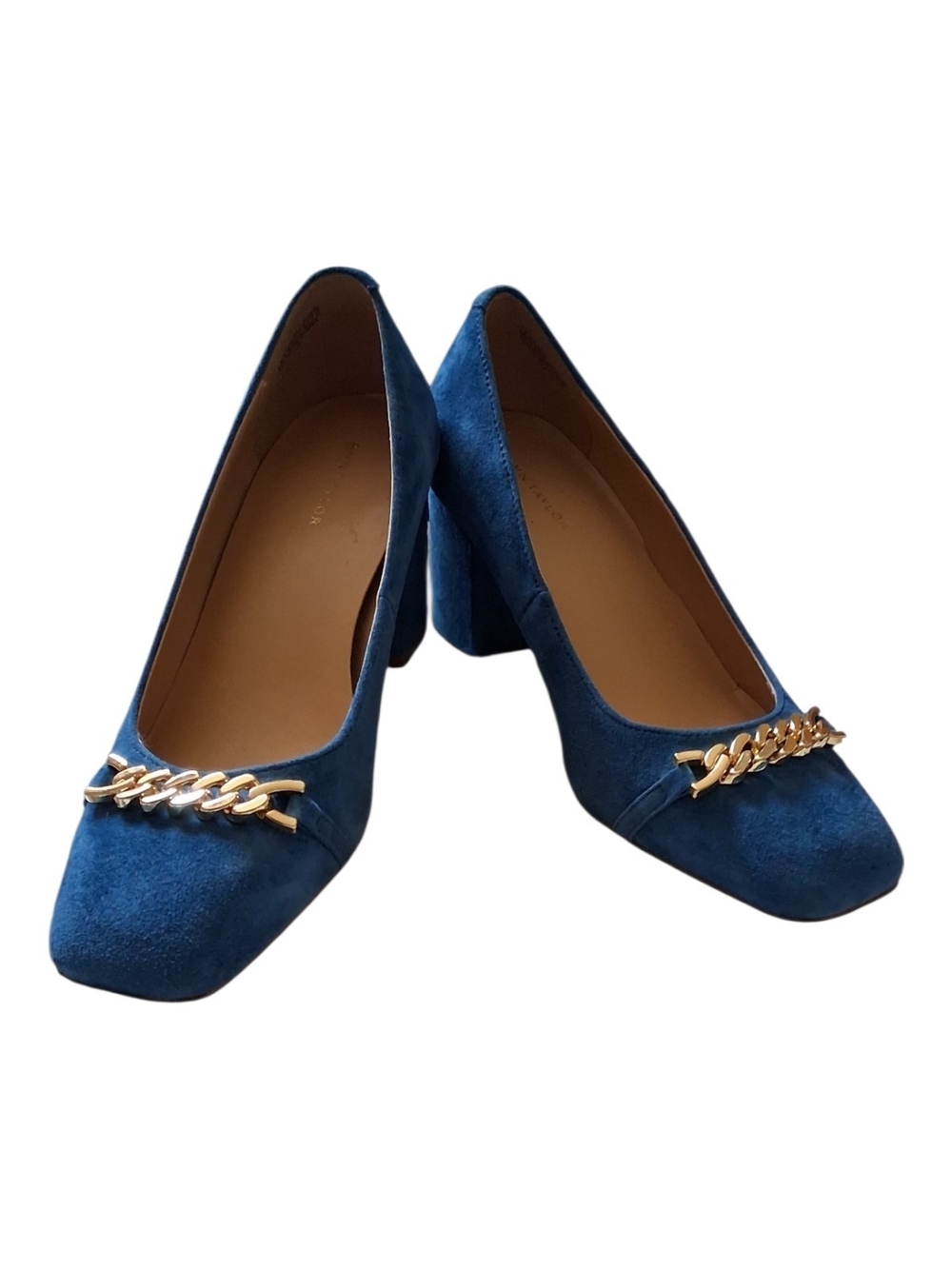 Ann Taylor Teal Blue Suede Block Heel Pumps with Gold Chain size 6 M Very Good